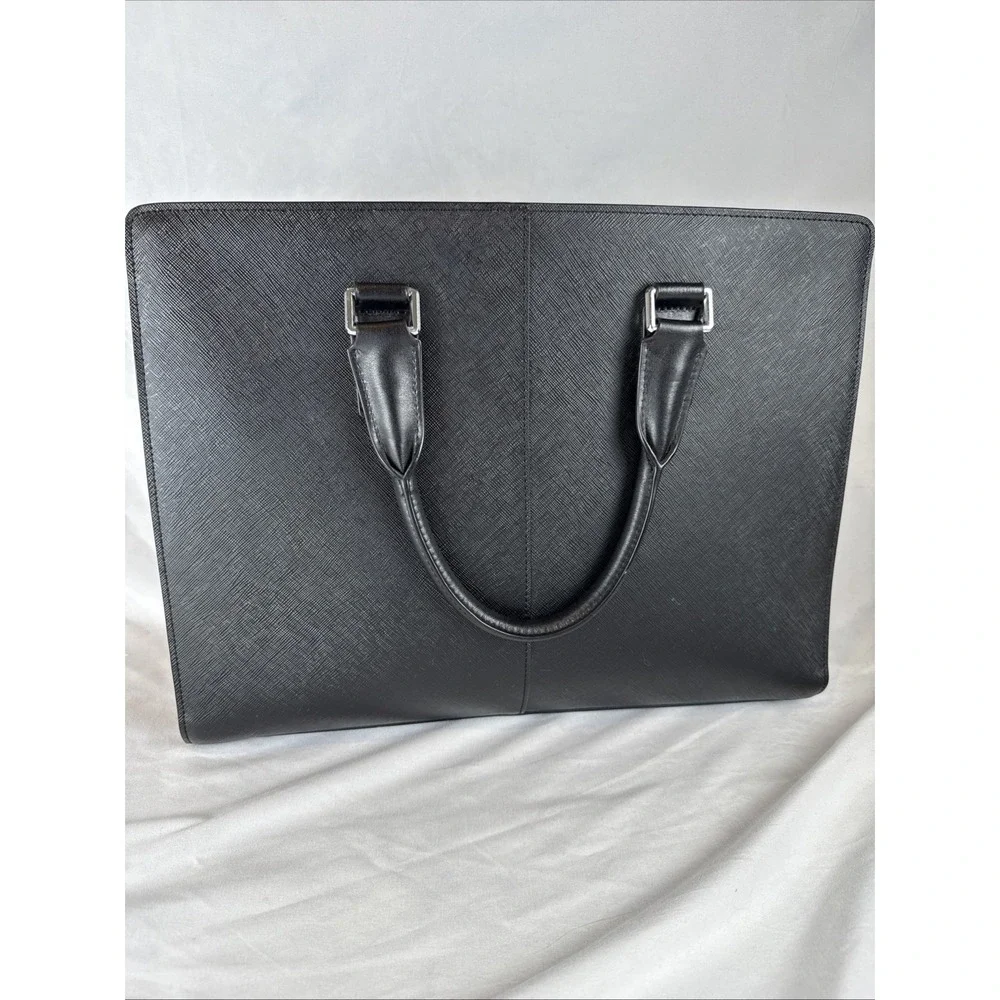 BOSTANTEN Saffiano Leather Briefcase Laptop Bag Black Tan Shoulder Strap Tote